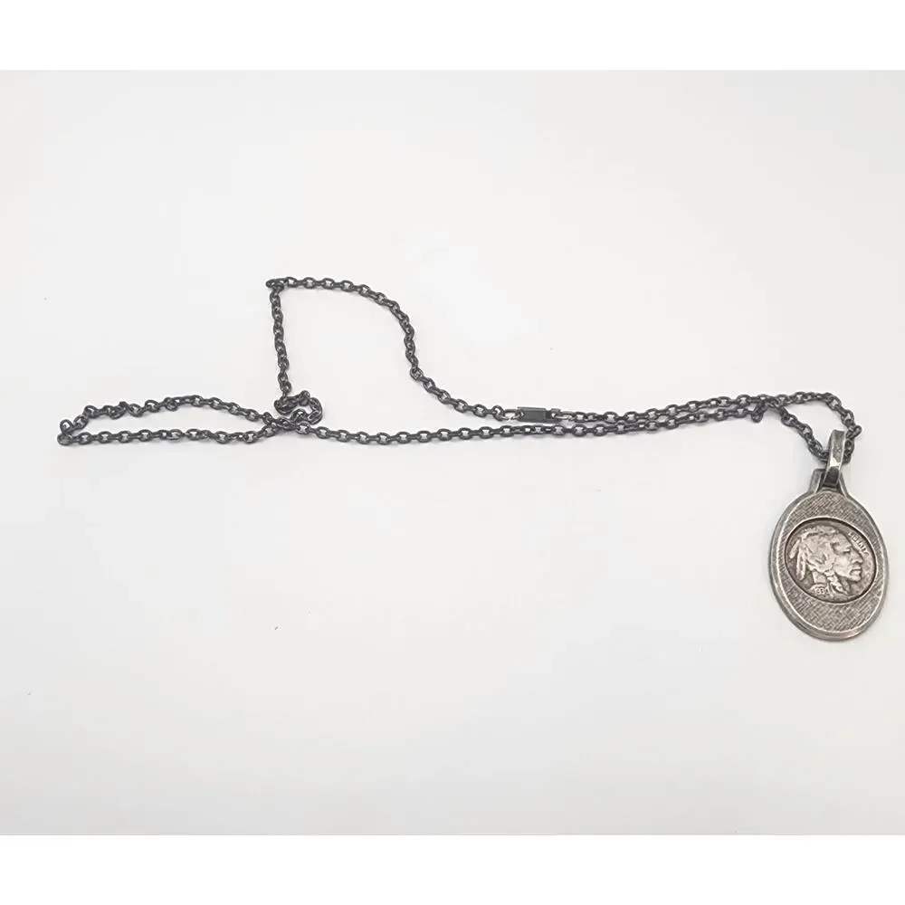 Vintage 1930 Indian Head Nickel Silver Pendant Necklace with Chain Jewelry